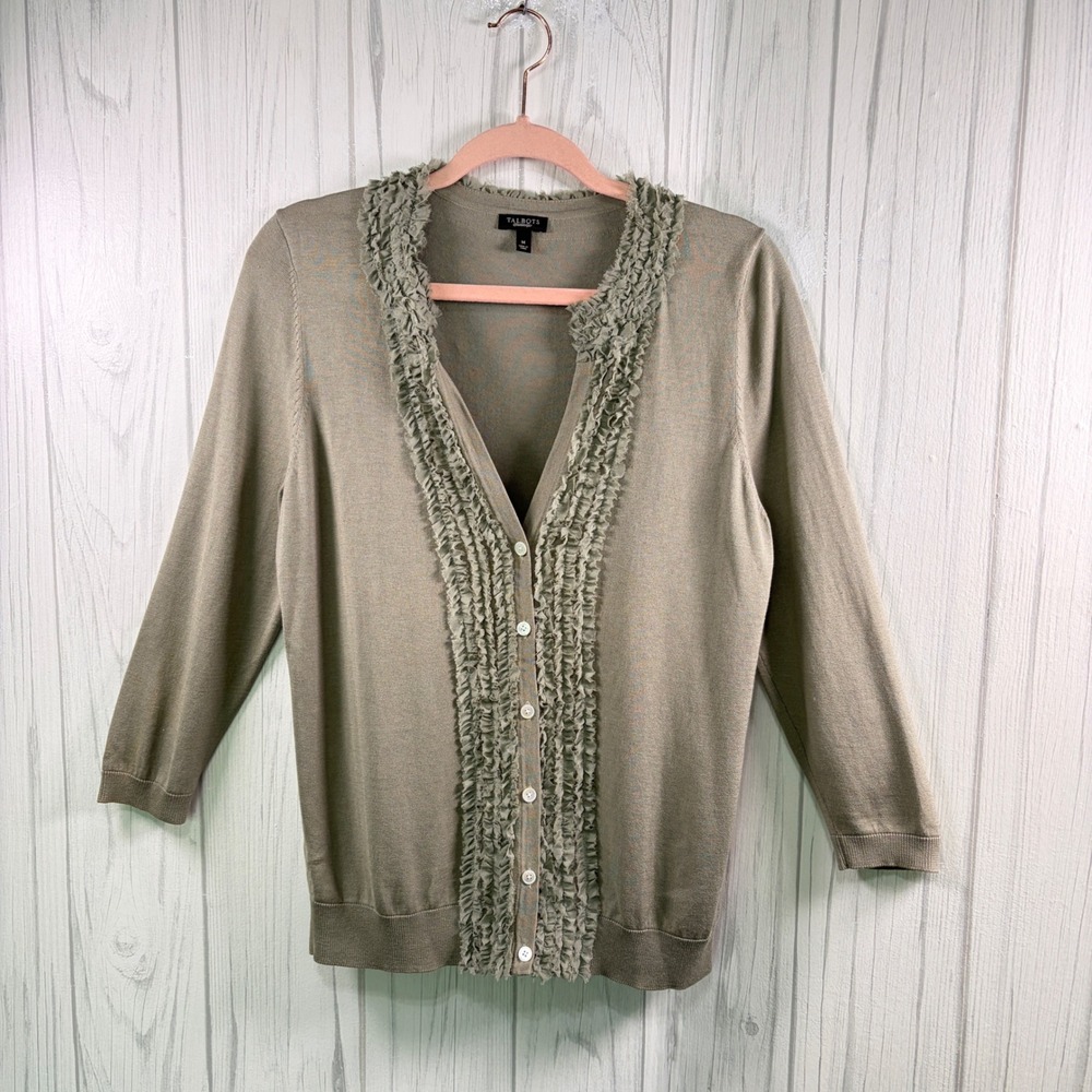 TALBOTS Ruffle Silk Blend 3/4-Sleeve Sage Green Button-up Cardigan, Medium